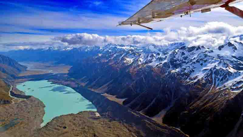 Spend 10 minutes of scenic brilliance viewing the lower ice formations of the Tasman Glacier and the Eastern face of Mt Cook.